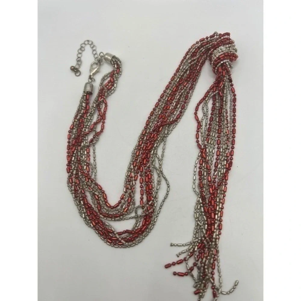 Red Silver‎ Beaded Lariat Necklace 7